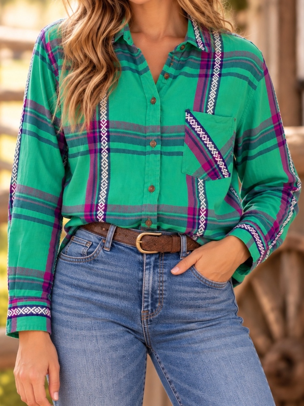 Western Boho Cotton Turquoise Purple Plaid Button Down Shirt American Eagle XL